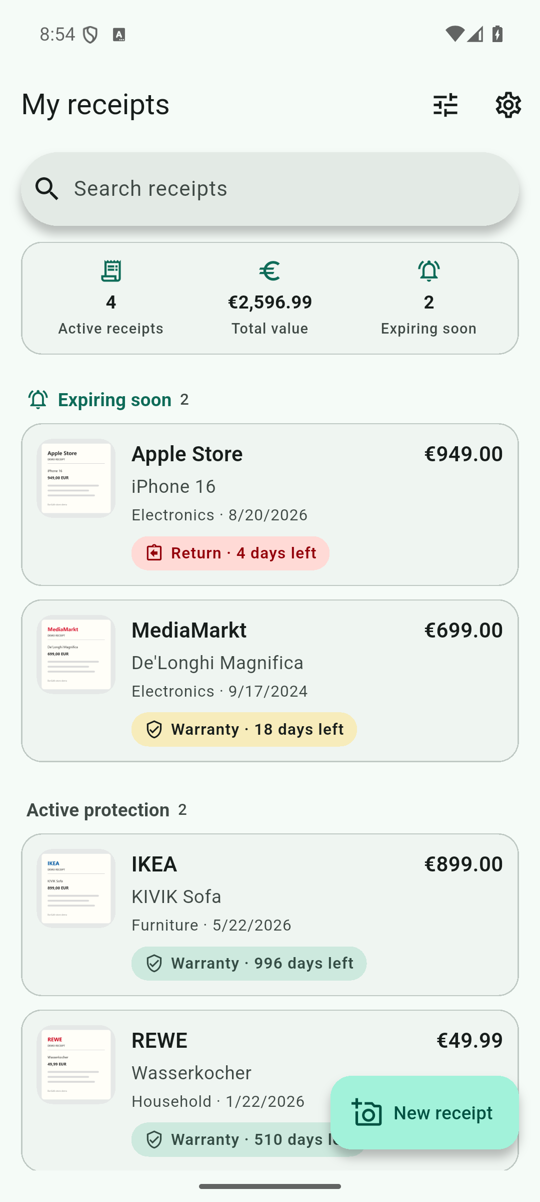 BonSafe dashboard with saved receipts and upcoming warranty deadlines.