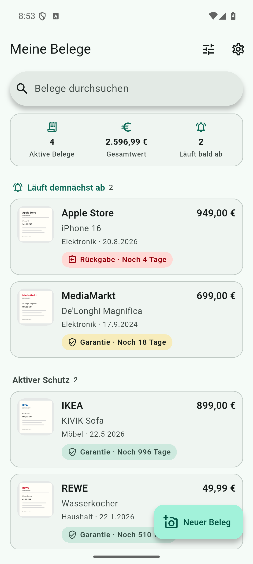 BonSafe-Übersicht mit gespeicherten Belegen und anstehenden Garantiefristen.